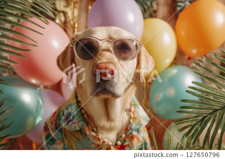 Labrador in Sunglasses and Hawaiian Shirt at Summer Pet Party Labrador in Sunglasses and Hawaiian Shirt at Summer Pet Party 127650796