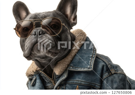 Stylish French Bulldog in Denim Jacket and Aviator Sunglasses Portrait 127650806