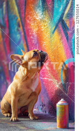 French Bulldog with Spray Paint Can Creating Vibrant Graffiti Mural 127650814