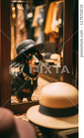 Dachshund Tries on Hats in Chic Fashion Boutique with Vintage Vibes 127650816
