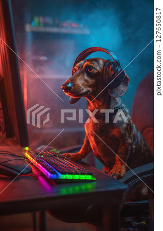 Dachshund Gamer with Headset and RGB Keyboard at Desktop Computer 127650817