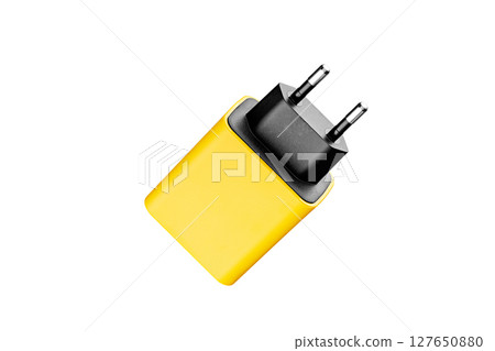 adapter for charger with USB and Type C connector, yellow, on isolated or white background adapter for charger with USB and Type C connector, yellow, on isolated or white background 127650880