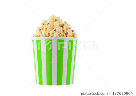 Delicious popcorn, classic box, classic paper cup with Green stripe, isolated on white background 127650904