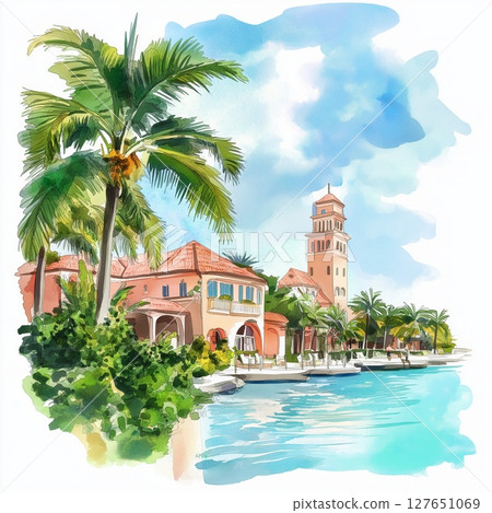 Nassau. Nassau hand drawn watercolor illustration Nassau. Nassau hand drawn watercolor illustration 127651069