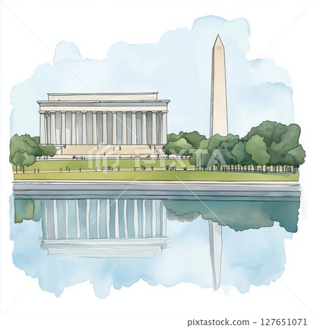 National Mall and Lincoln Memorial. National Mall and Lincoln Memorial hand drawn watercolor illustration 127651071