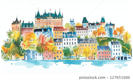 Old Quebec City. Old Quebec City hand drawn watercolor illustration 127651080