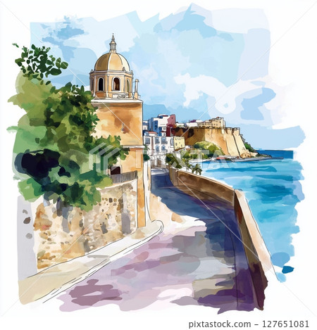 Old San Juan. Old San Juan hand drawn watercolor illustration Old San Juan. Old San Juan hand drawn watercolor illustration 127651081