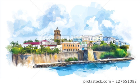 Old San Juan. Old San Juan hand drawn watercolor illustration 127651082