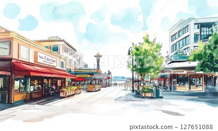Pike Place Market. Pike Place Market hand drawn watercolor illustration 127651088