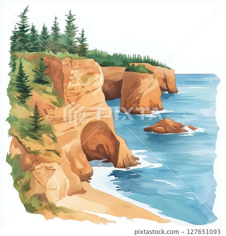 Prince Edward Island National Park. Prince Edward Island National Park hand drawn watercolor illustration 127651093