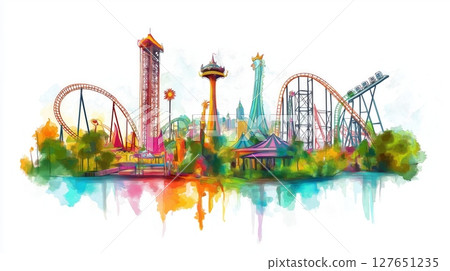 Six Flags Great Adventure. Six Flags Great Adventure hand drawn watercolor illustration Six Flags Great Adventure. Six Flags Great Adventure hand drawn watercolor illustration 127651235