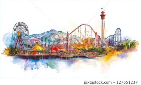 Six Flags Magic Mountain. Six Flags Magic Mountain hand drawn watercolor illustration 127651237