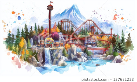 Six Flags Magic Mountain. Six Flags Magic Mountain hand drawn watercolor illustration 127651238