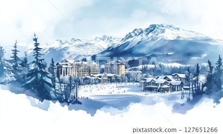 Whistler Blackcomb. Whistler Blackcomb hand drawn watercolor illustration 127651266