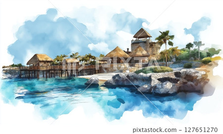 Xcaret Eco Park. Xcaret Eco Park hand drawn watercolor illustration 127651270