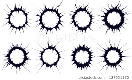 Various black ink splatters in circular shapes with dynamic edges on isolated background Various black ink splatters in circular shapes with dynamic edges on isolated background 127651370