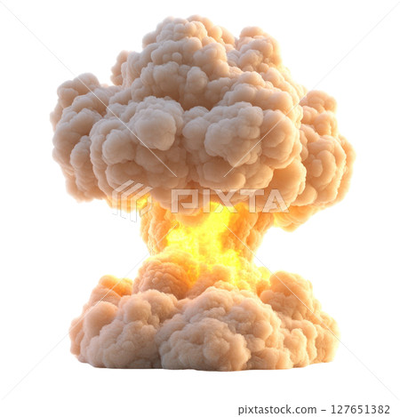 Explosive cloud formation rises dramatically after a detonation event in a clear sky at sunset 127651382