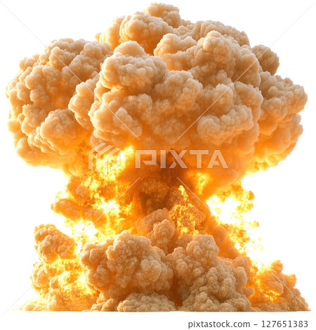 Explosion in a cloudy sky creating a fiery orange and yellow mushroom cloud 127651383