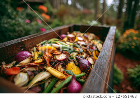 Organic vegetable waste in compost container 127651468