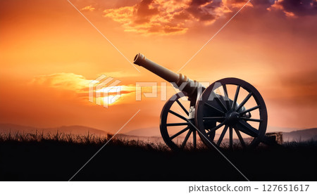 夕陽下大砲的輪廓/象徵歷史和戰爭的醒目視覺 127651617