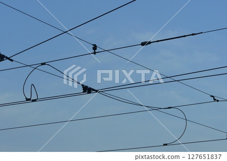 Tram railway tram electricity on a background Tram railway tram electricity on a background 127651837