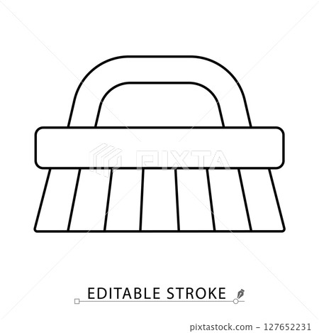 Cleaning brush icon with handle in simple linear style. Symbol of cleanliness, surface scrubbing, domestic chores and sanitation tools. Editable stroke. 127652231