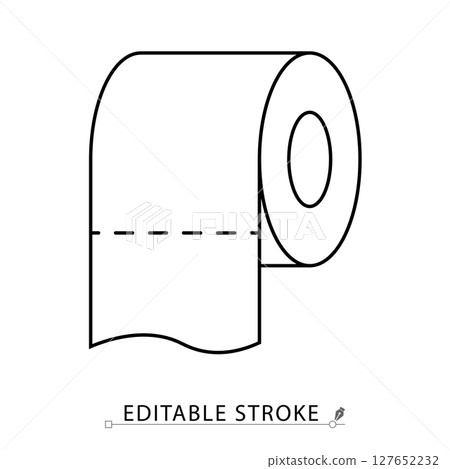 Toilet paper roll icon in minimal linear style. Symbol of hygiene, bathroom essentials, sanitation or restroom. Editable stroke. 127652232