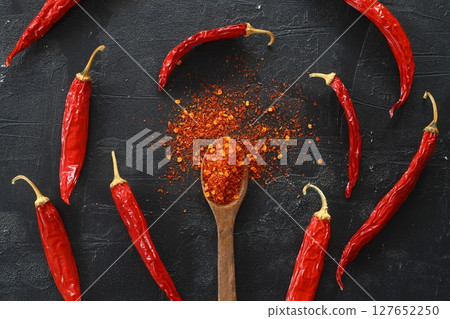 cayenne pepper on wooden spoon spices and dried chilli peppers background group of red hot chilli powder 127652250