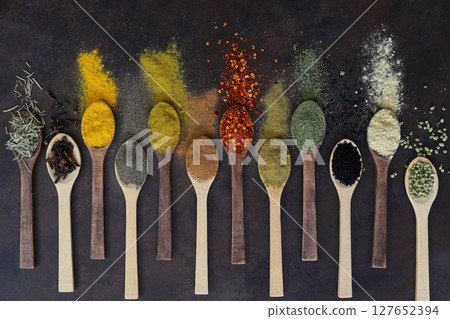 Different kind of spices on a wood background. Big set of Indian spices on wooden table. Different kind of spices on a wood background. Big set of Indian spices on wooden table. 127652394