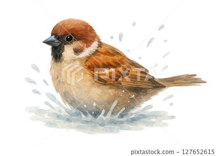 麻雀在水中沐浴的水彩插圖 127652615