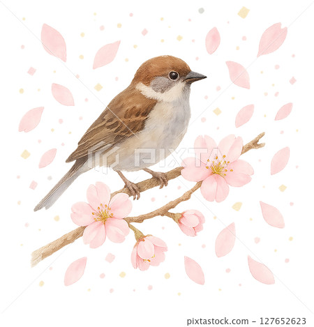 麻雀和櫻花樹的水彩手繪春天插圖 127652623