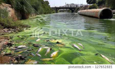 Polluted rivers covered in green algae and mass fish deaths indicate deteriorating water quality 127652885