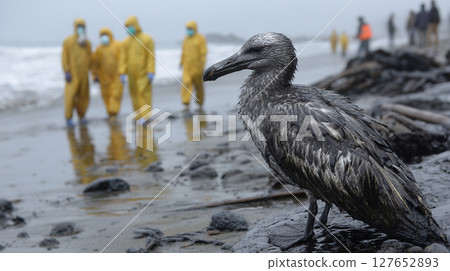 Seabirds covered in oil from an oil spill 127652893