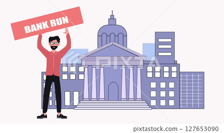 Bank run crisis economic recession panic man holding sign in front of classical bank building cityscape pastel colors flat design 127653090