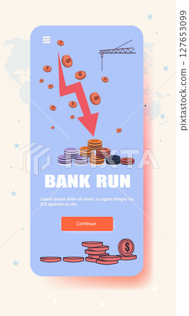 Bank run economic crisis falling coins red arrow financial downturn construction crane stacks flat blue background web banner 127653099