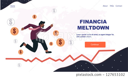 Financial crisis recession businessman running from falling coins declining graph world map background website banner Financial crisis recession businessman running from falling coins declining graph world map background website banner 127653102