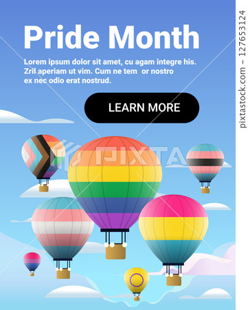 Hot air balloons pride flags celebration sky colorful diverse LGBTQ community clouds blue background website banner 127653124
