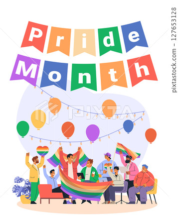 Pride month celebration diverse group holding rainbow flags balloons festive decorations indoor party scene colorful background 127653128