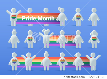 Pride month celebration diverse people rainbow flag community unity heart symbols blue background social campaign website banner 127653130