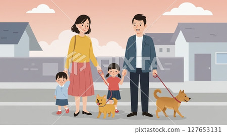 黃昏時分,一個友善的家庭在住宅區遛狗 黃昏時分,一個友善的家庭在住宅區遛狗 127653131