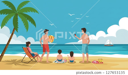 在蔚藍的大海和白色的沙灘上度過的幸福的家庭夏日回憶 127653135