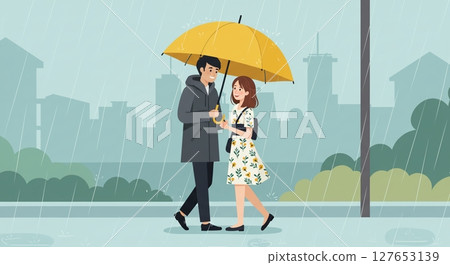 A cheerful couple walking through the rainy city with a yellow umbrella 127653139