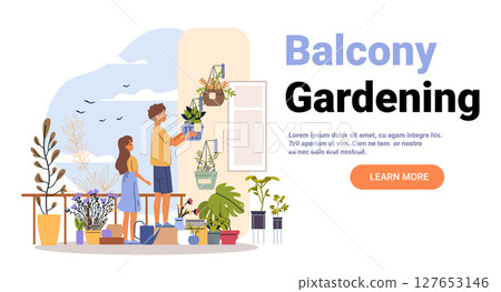 Balcony gardening urban plants care people outdoor pots family watering green foliage sky birds modern flat website banner Balcony gardening urban plants care people outdoor pots family watering green foliage sky birds modern flat website banner 127653146