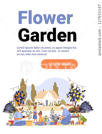 Flower garden family gardening outdoor plants nature house scene with people tending flowers trees greenery backyard landscape website banner Flower garden family gardening outdoor plants nature house scene with people tending flowers trees greenery backyard landscape website banner 127653147