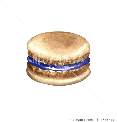 Macaron cookies. Hand-drawn watercolor illustration. Color image. Isolation. Almond confectionery. Element of your design. For banners, websites, packaging, menus, flyers, and more. 127653245