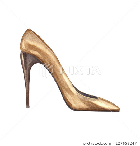Fashionable women's high-heeled shoe. Logo for a lady. Hand-drawn watercolor illustration. Isolate. Element of banner, flyer, poster design. For postcards, packaging, and more. Fashionable women's high-heeled shoe. Logo for a lady. Hand-drawn watercolor illustration. Isolate. Element of banner, flyer, poster design. For postcards, packaging, and more. 127653247