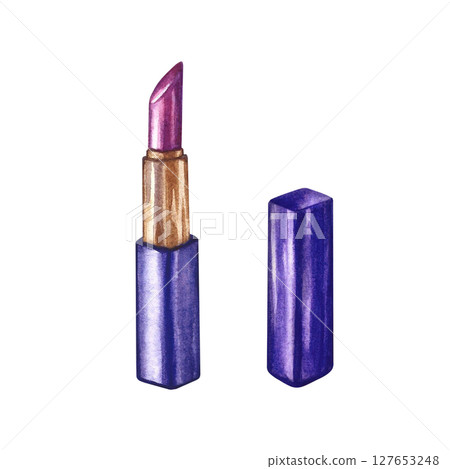 Lipstick open. Watercolor illustration made by hand. Isolate. Purple color. Design element of a flyer, banner, and poster, packaging and labels for cosmetology and beauty salons, and much more. Lipstick open. Watercolor illustration made by hand. Isolate. Purple color. Design element of a flyer, banner, and poster, packaging and labels for cosmetology and beauty salons, and much more. 127653248