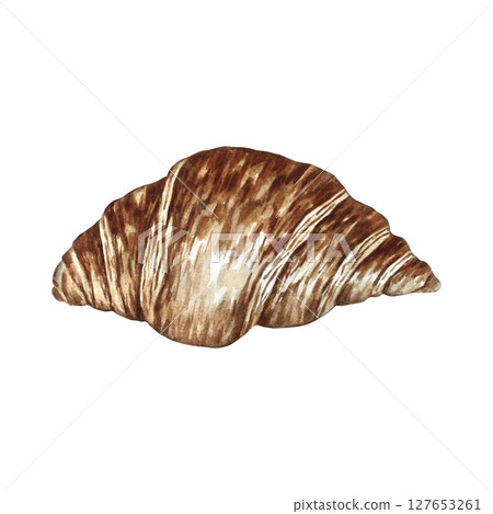 Croissant. French pastry. Hand-drawn watercolor illustration. Isolate. Color image. Crescent-shaped puff pastry. For menu design, recipes, labels, packaging, and more. 127653261