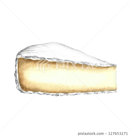 A piece of Camembert cheese. Hand-drawn watercolor illustration. Color image. Isolate. For packaging and labels. For banners and posters. For restaurant menus, bars, and more. A piece of Camembert cheese. Hand-drawn watercolor illustration. Color image. Isolate. For packaging and labels. For banners and posters. For restaurant menus, bars, and more. 127653271
