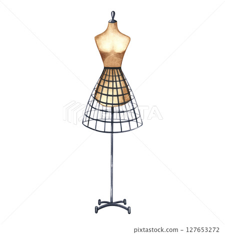 Tailor's dummy. Hand-drawn watercolor illustration in a vintage style. Isolate. This is an element of your design for banners, posters, websites, and advertisements, postcards, flyers, and more. 127653272